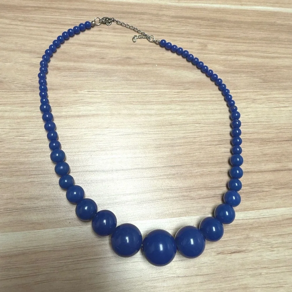 Vintage Style Royal Blue Chunky Graduated Bead Statement Necklace Adjustable